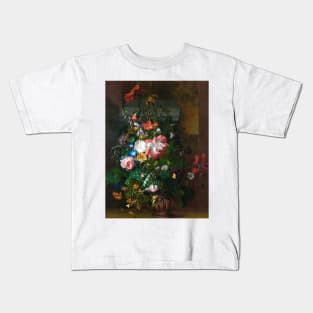 Roses, Convolvulus, Poppies, and Other Flowers in an Urn on a Stone Ledge by Rachel Ruysch (digitally enhanced) Kids T-Shirt